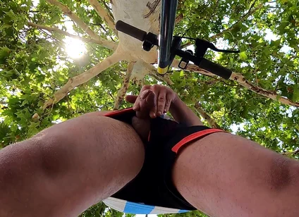 Bulging Young Man Moans with Pleasure in Park Jerking off a Summer Handjob