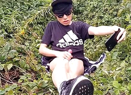 Cute French-asian Gay Twink Jerks Off His Shaved Cock Outside Cums Thick Cum Sticking To His Fingers