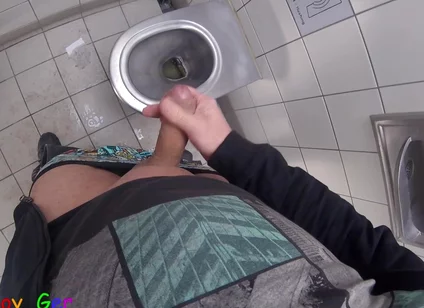 I Pee and Jerk off My Thick, Shaved Foreskin Cock Until I Cum a Large Load in a Motorway Toilet.