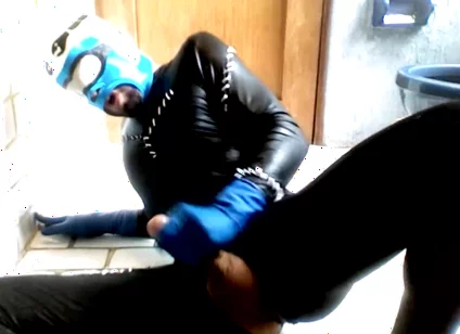 Blue Hornet in Spandex Catsuit Cums on Blue Latex Gloes and Mask