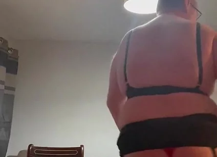 Dirty Gay Crossdresser Love It with Black Bra on