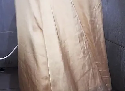 Long Gold Satin Dress Masturbation Cum
