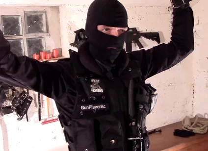 Swat cop cum load on alpha bomberjacket