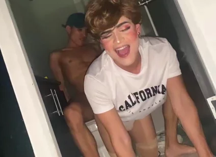 Femboy Plays in the Bathroom and Gets Fucked by the Guy She Met on Grindr