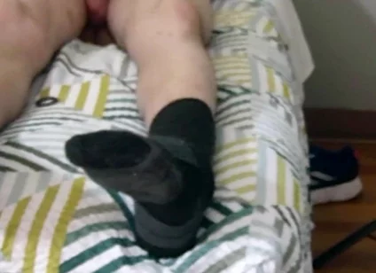 Laying Down on Bed Jerking off with Socks on See My Size 15 and Massive Legs as U