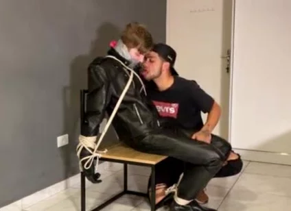 Bound leather boy cum load