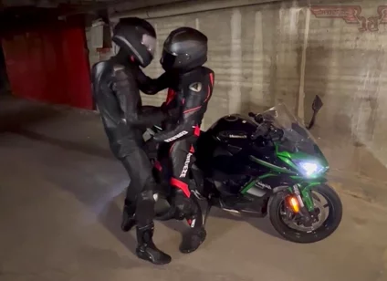 Biker gear gloved leather suit cuming