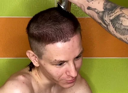 Alex Cuts Naked Evgeny's Hair in the Bathtub!