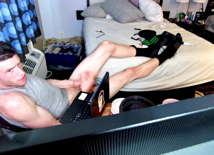 Jerk off with Feet on Bed with Socks Pulled to Calves as I Bust Grunting Hard in Chair