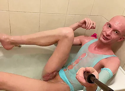 Fully Shaved Skinny Bald Femboy Takes Bath In Feminine Clothing
