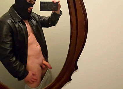 Mirror Leather Jerk off! Hot Stepdaddy Pumps Thick Cock & Shoots Big Load on His Shirt - Follow on X Phantomgentx