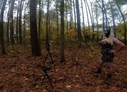 Giant Fake Tits Crossdresser Walk in the Woods Behind the Scenes Photo Shoot