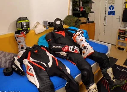 Wanking in biker suit cum