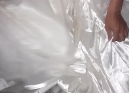 Cum Flows on Satin Wedding Dress