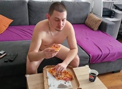 Eating Pizza and Watching TV Completely Naked