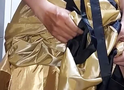 Gold Satin Silk Longdress Evening Gown Masturbation