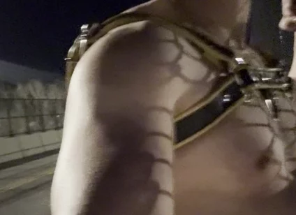 Midnight Muscle Tease: Asian Hunk Flexes Ass & Biceps in Yellow Harness on Highway Bridge