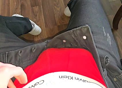 Red Calvin Klein Bulge Gets Slowly Stroked While Colleagues Are Two Meters Away