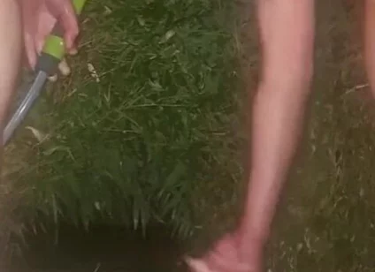 Clean Pressure Enema with Ass Lips and Pissing - Outdoor Garden Hose Anal