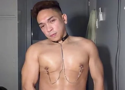 Asian Twink Jerks off with Nipple Clamps for Huge Load