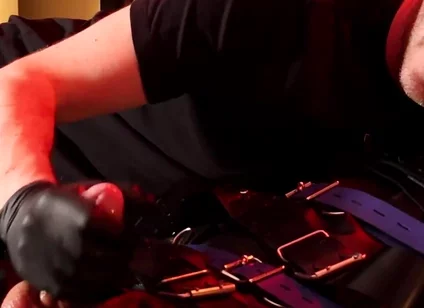 Edging the Boy in Leather Bondage but He Is Not Allowed to Orgasm