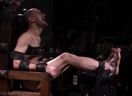 Confident Muscle on Throne: Oiled Feet Tickled with Epilator & Tools