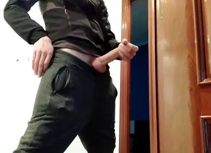 Handjob From Hot Amateur Guy with Big Cock, Shoots at the Door