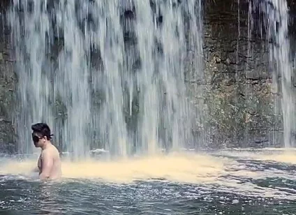 Muscular Asian Hunk Flexes in Speedo by Waterfall - Tight Ass & Hole Tease, Strips Naked & Explodes with Massive Cumshot