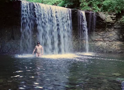 Muscular Asian Hunk Flexes in Speedo by Waterfall - Tight Ass & Hole Tease, Strips Naked & Explodes with Massive Cumshot