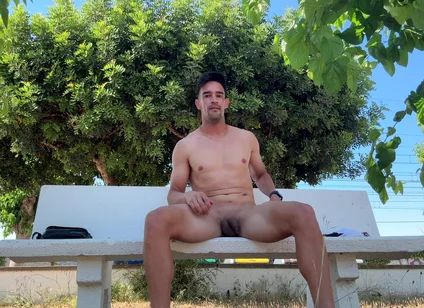 Hot Stud Fully Naked on Public Park Bench Gets Caught