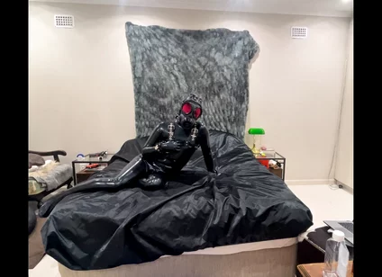 Latex Drone Activation - Gas Mask Transformation in Glossy Black Latex
