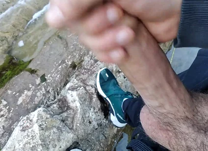 Handsome Gives Perfect Cumshot From Nice Big Hard Cock Spit in Front of River Waterfall