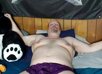 Chubby Guy Jerks off Wearing Women's Lingerie