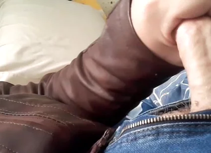 Jerk and Cum on New Brown Leather Jacket
