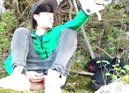 Risky Masturbation Outdoors a Man's Voice Caught This Cute Gay Twink with His Balls Hanging Out, Jerking off His Uncut Foreskin