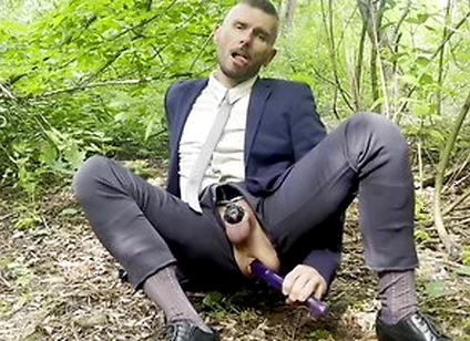 Suited Gentleman Is Spreading Legs Like Slut And Plays With His Malepussy With Locked Dick With Power Bottom
