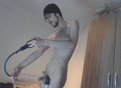 22 Year Old Guy Plays with Penispump and Oil