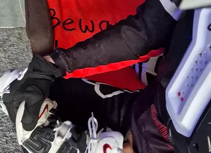 An Excited Guy in Motorcycle Gear Fucks His Sneakers