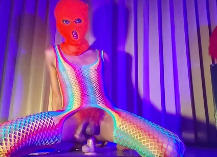 Orange Balaclava Mask Sissy Trans Dyed Pubic Hair Fuck Myself with Dildo