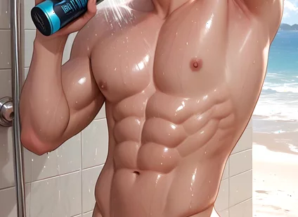 Soft Kawaii Boy in Beach Shower with Pastel Pink Hair