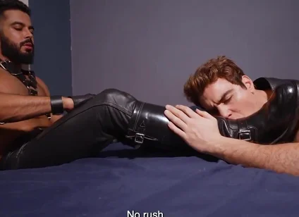 Leather master boots and feet licking cum load