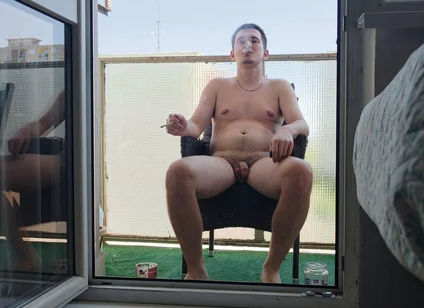 Exhibitionist Enjoys His Cigarette and Coffee Naked on the Balcony