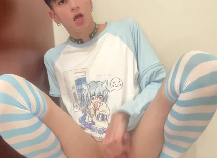 Blue Femboy Having Fun with New Toy