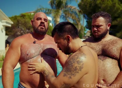 Poolside Cream Rubdown: Four Hands Slick up a Needy Sub, Sandwiched