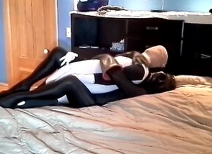 Black Masked Morphsuit Humps And Cums On Black And White Dummy