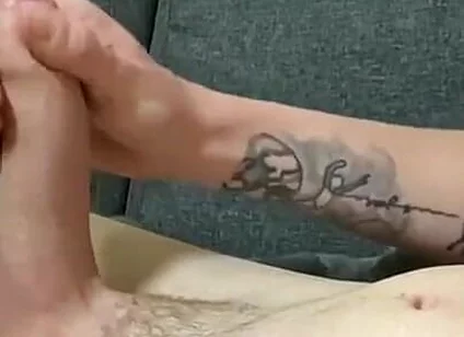 Naked Twink Lays on Sofa Stroking Huge Uncut Cock Until Cumming on Ripped Abs - Amateur Solo