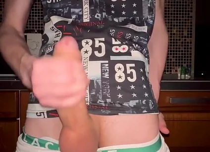 Twink pulls off his Panties and Jerks Off his Huge 23 cm Cock