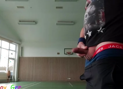 In a Public Sports Hall, I Masturbate My Thick, Veiny Foreskin Cock Until I Cum on the Floor.
