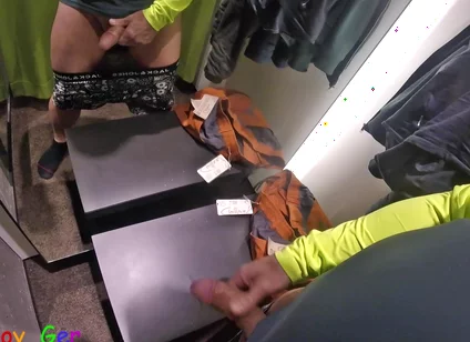 In Front of Several Mirrors, I Pleasurably Masturbate My Thick Foreskin Cock in the Changing Room of a Clothing Store
